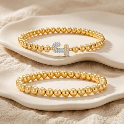 Initial Stack Bracelet Set for Women Trendy 14K Gold Plated Beaded Stackable Stacking Stretch Name Bracelets Dainty Friendship Waterproof Charm Cute Birthday Jewelry Gifts for Women - color: Initial J