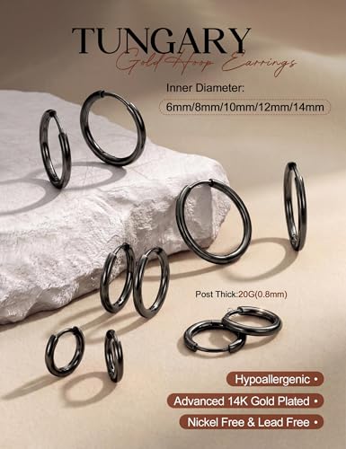 Tungary Small Gold Hoop Earrings for Women Huggie CZ Hoops Earring Stacks | Hypoallergenic Earing Hoops for Sensitive Ears, Earrings Stack Set for Cartilage, Secure Clasp, Silver/Black/14K Gold Plated - color: Black-Plain Huggies