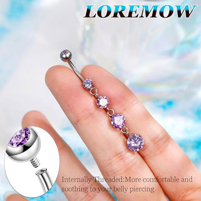 14G G23 Pure Titanium Dangle Belly Button Rings for Women Dangling Belly Ring Curved Barbell Internally Threaded Navel Rings CZ Navel Piercing Jewelry - color: Purple