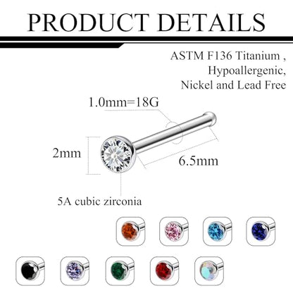 Ruifan ASTM F136 Titanium Nose Rings 18G 20G 22G Jeweled Mix Color Cubic Zirconia Nose Studs Ring Screw L-Shaped Bone Hypoallergenic Body Piercing Jewelry for Women 1.5mm 2mm 2.5mm 3mm 10PCS - style: Bone:18G(1.0mm)-2mm CZ