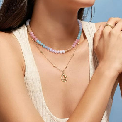 KissYan Beaded Gemstone Necklaces for Women | Colorful Bead Natural Stone Choker with 14K Gold Plated Spring Ring Clasp, Handmade Knot Jewelry for Summer Beach - color: V-Aura