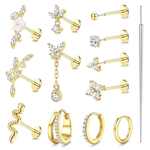 20G 18G Threadless Flat Back Earrings 316L Surgical Steel, 12PCS | Hypoallergenic Push in Stud Earrings, 14K Gold Plated Cartilage Earring Stacks, Helix Conch Tragus Nose Piercing Jewelry - color: 14K Gold Tone, size: 20G-6MM Bar