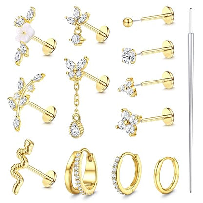 20G 18G Threadless Flat Back Earrings 316L Surgical Steel, 12PCS | Hypoallergenic Push in Stud Earrings, 14K Gold Plated Cartilage Earring Stacks, Helix Conch Tragus Nose Piercing Jewelry - color: 14K Gold Tone, size: 20G-6MM Bar