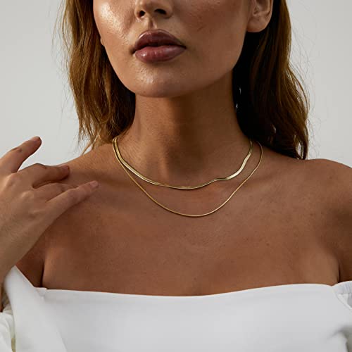 Herringbone Choker Necklace Set Double Layer Snake Chain Herringbone Chain Necklace Layering Necklace Set Cuban Chain Necklace for Women - style: 1-Double layered Snake 3/1.5mm