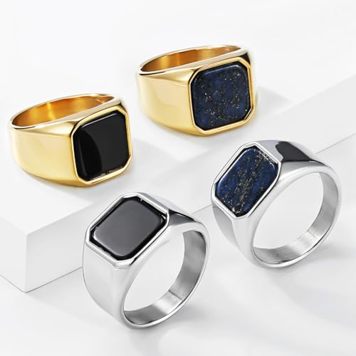 Kemstone Square Signet Ring for Men,Stainless Steel Lapis Lazuli Black Stone Flat Top Geometric Face Silver Gold - color: Gold （Lapis Lazuli）, size: 7#