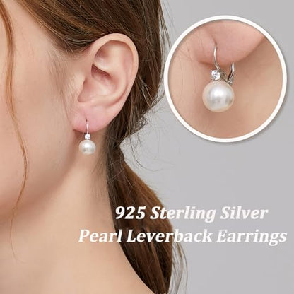 925 Sterling Silver Pearl Leverback Earrings for Women Cubic Zirconia Pearl Jewelry 10MM - color: A: Leverback-White