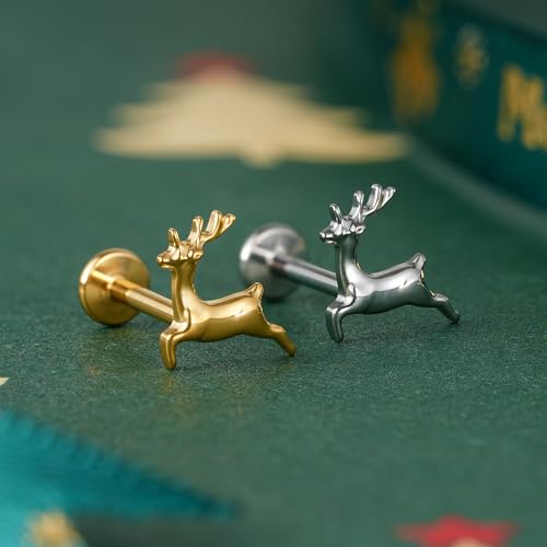 FINE4U Cartilage Christmas Piercing Jewelry 16G 6mm 8mm - ASTM F136 Titanium, Flat Back Labret Stud for Helix Flat Lobe, Elk Minimalist Earring, Squirrel Earrings - color: Deer - Gold