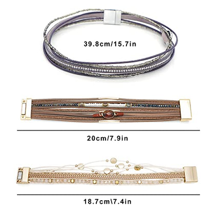 Leather Wrap Bracelet Set 3Pack Wrist Cuff Bracelet for Women Multilayer Magnetic Clasp Bracelet Feather Tree Bead Crystal Bracelet - color: Three Crystal