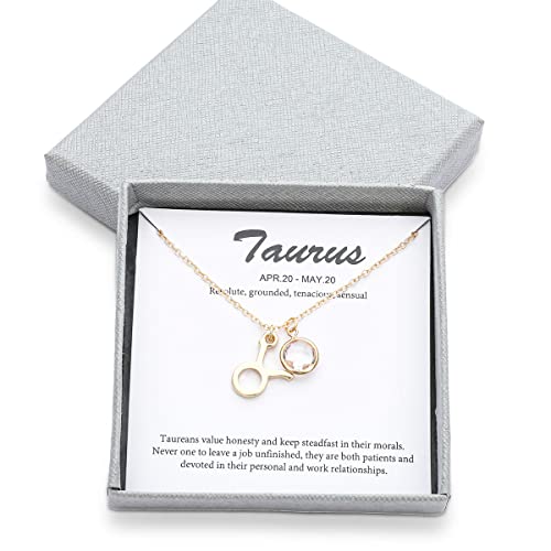 14k Gold Plated Zodiac Birthstone Crystal Pendant Necklace, Horoscope Sign Charm Necklace for Women Birthday Gift - color: Taurus-Apr.