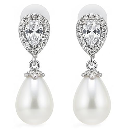 Mariell Pearl Bridal Wedding Drop Earrings with CZ Crystals for Brides, Bridesmaids, Birthday Gift - color: Silver Clip On - Clear Cubic Zirconia