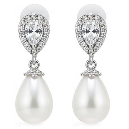 Mariell Pearl Bridal Wedding Drop Earrings with CZ Crystals for Brides, Bridesmaids, Birthday Gift - color: Silver Clip On - Clear Cubic Zirconia