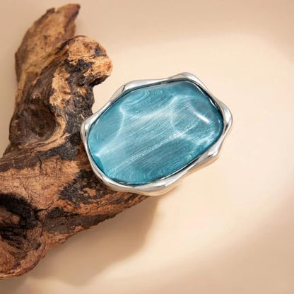 Large Silver Water Rippled Resin Knuckle Ring for Women, Adjustable Geometric Irregular Metal Ring Minimalist Statement Jewelry Cocktail Party Gifts - color: Blue