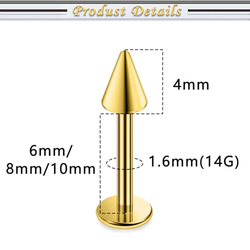 Internally Threaded Labret Studs 18G 16G 14G Surgical Steel Lip Piercing Jewelry with Claw Tool Monroe Snake Bite Jewelry Flat Back Barbell for Women Men Plus Piercing Ball Grabber Tool - color: goldtone, size: 14g,spike end