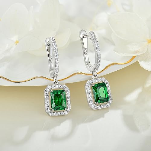 Women's Solitaire Dangle Drop Earrings 925 Sterling Silver Pure Square Huggie Earrings Hoop Dangle Drop Earrings Jewelry Gift - color: 05-emerald-May