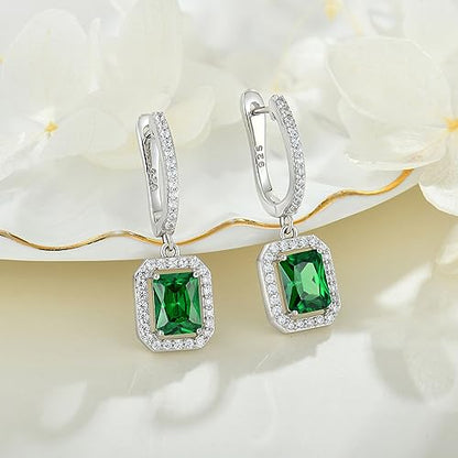 Women's Solitaire Dangle Drop Earrings 925 Sterling Silver Pure Square Huggie Earrings Hoop Dangle Drop Earrings Jewelry Gift - color: 05-emerald-May