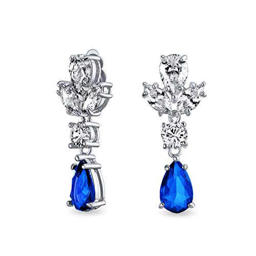 Bling Jewelry Vintage Style Simulated Gemstone Cubic Zirconia AAA CZ Statement Dangle Leaf Teardrop Formal Chandelier Clip On Earrings Wedding Prom Silver Plated - color: Blue