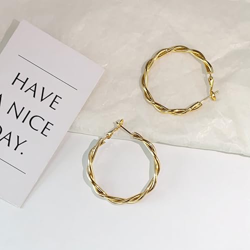 OGD Teardrop Hoop Earrings for Women 14K Gold Plated Large Chunky Oval Pull Through Hoop Earrings Statement Jewelry Gift for Women Hypoallergenic - color: Twisted Hoop-Gold38mm