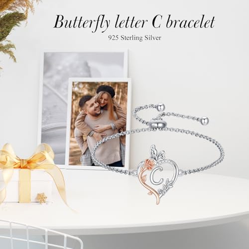 TOUPOP Gifts for Women Rose Heart Initial Bracelet 925 Sterling Silver Butterfly Letter Link Bracelet Love Jewelry Anniversary Birthday Gifts for Wife Girlfriend Mom Her - style: Initial C