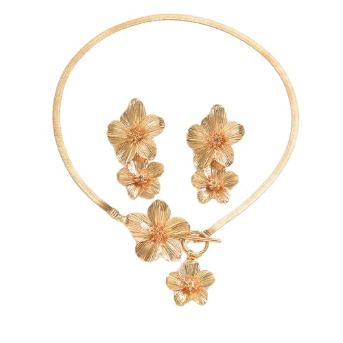 Colorful Flower Necklace Earrings Set for Women Gold Snake Chain Toggle Clasp Pendant Necklaces Dainty Double Flowers Statement Earrings Bridal Wedding Summer Beach Jewelry for Women - color: Gold