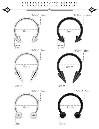 6Pcs Septum Rings 16G Surgical Steel Snake Bite Jewelry Long Spike Horseshoe Lip Rings Smiley Piercing Jewelry for Women Men 8mm 10mm - color: 16g,Diameter:8mm,silvertone+black