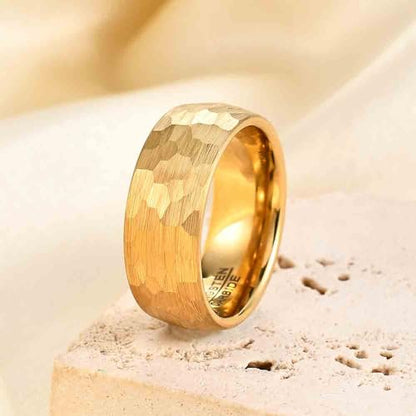4-6mm Hammered Tungsten Wedding Band Matte for Men and Women | Matte Brushed Finish, Scratch and Fade Resistant, Engraved Faceted Pattern, Dome Profile, 4mm/6mm/8mm, Sizes 6–12 - color: 8mm Hammered Gold