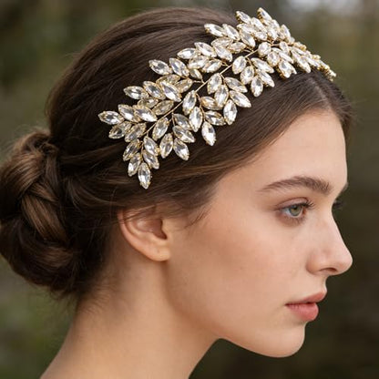 Missgrace Women Silver Green Black Red Blue Handmade Full Crystal Rhinestone Large Headband Hair Vine Shinny Headpiece Bridal Wedding Hair Accessories for Women (Gold plated) - color: Gold plated
