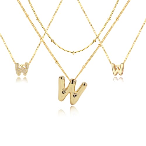 stino 4PCs Bubble Initial Letter Necklace Set, No Tarnish 14K Gold Plated Alphabet Pendant, Jewelry for Women - style: W