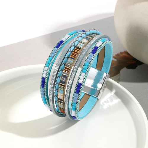 VIBILIA Boho Leather Wrap Bracelets for Women Multi-Layer Bracelets | With Strong Clasp Jewelry for Women - color: 03-BohoBraid-Blue