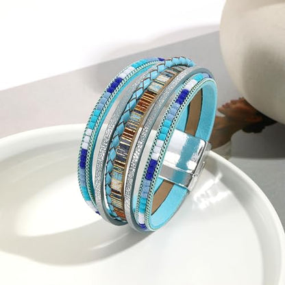 VIBILIA Boho Leather Wrap Bracelets for Women Multi-Layer Bracelets | With Strong Clasp Jewelry for Women - color: 03-BohoBraid-Blue