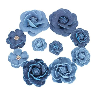 Dreuyet 10 PCS Denim Fabric Flower Brooch Pins with Hair Clips Denim Ribbon Fabric Camellia Flowers Corsage Pin Clip Sweater Coat Dress Suit Backpack Clothes Accessories