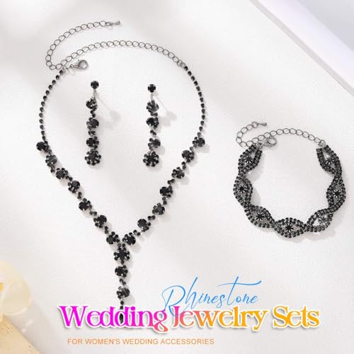 Aukmla Rhinestone Wedding Prom Jewelry Sets Silver Diamond Necklaces and Earring Bracelet Set for Brides and Women - color: Black