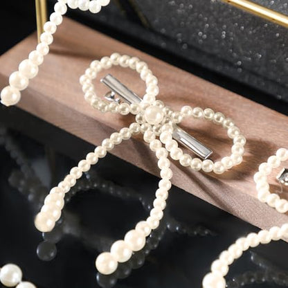 Daifunli 4 Pcs Elegant Pearl Bow Hair Clip Sparkly Bowknot Clips Vintage White Pearl Barrette Hairpin Headwear Gifts Weddings Brides Birthdays for Women Girls - style: Pearl