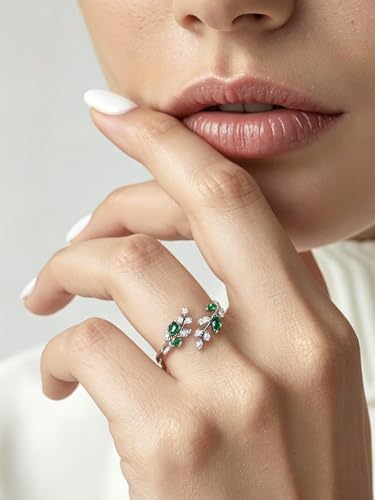 Silver Leaf Ring for Women 925 Sterling Silver Yellow Gold Plated CZ Inlaid Marquise Sapphire/Ruby/Emerald Cocktail Rings Size 6 to 10 - color: Emerald - Silver