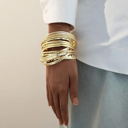 FAXHION Gold Bangle Bracelets for Women, 14 Pcs Multi Layer Stackable Bangle Set, 14K Gold Plated Textured Chunky Bracelets Boho Jewelrys Set - style: Gold B-17 pcs
