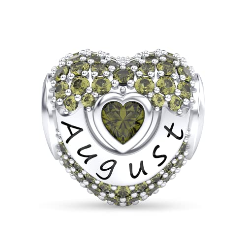 Birthstone Charms Love Heart Openwork Bead Charm for Women Bracelets and Necklaces 925 Sterling Silver with 5A Cubic Zirconia,Jewelry Gifts Women - color: August Birthstone Charms