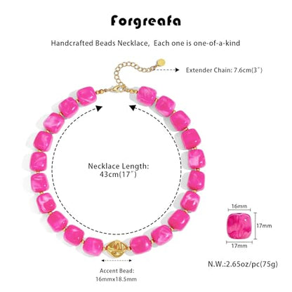 Beaded Necklaces for Women Boho Chunky Necklace Statement Big Resin Bead Choker Fashion Summer Beach Jewelry - color: Rose Red