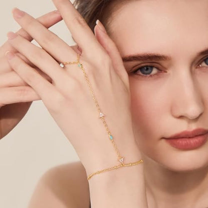 Cicy Bell Hand Chain Bracelets for Women 18K Gold Plated | Layered Stackable Dainty Ring Bracelets, Adjustable Satellite Bead Dot Link Finger Bracelets - color: Style F-Gold