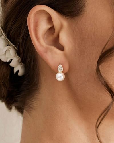 Pearl Earrings - 14K Gold/White Gold/Rose Gold Plated Cubic Zirconia CZ Diaomond Accented Pearl Drop Dangle Earrings for Women Wedding Bridal Prom - color: CZ paved