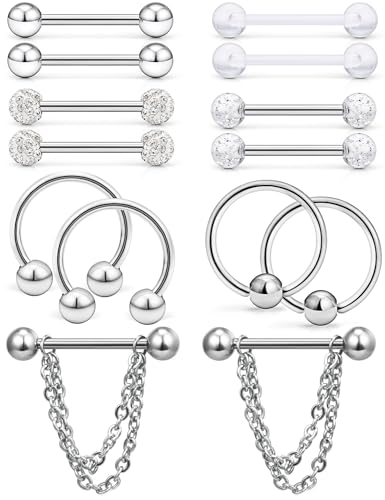 Hoeudjo 14Pcs 14G Surgical Steel Chain Dangle Nipple Rings Barbell Piercing Jewelry Retainer for Women - color: 7 Pairs/14G/Silver-tone