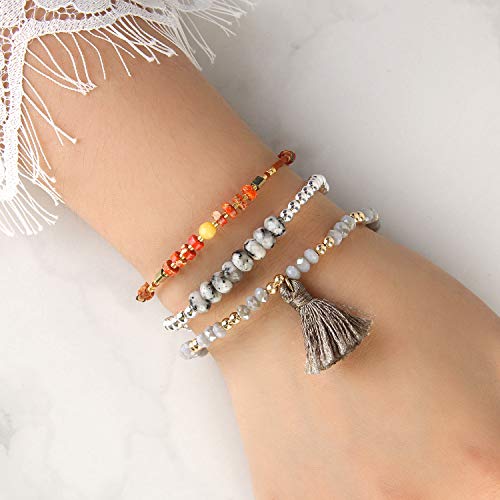 KELITCH Crystal Agate Friendship Bracelet Handmade Seed Beads Adjustable Bracelets for Women - color: Orange