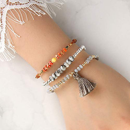 KELITCH Crystal Agate Friendship Bracelet Handmade Seed Beads Adjustable Bracelets for Women - color: Orange