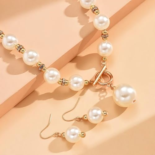 Elegant Minimalist Faux Pearl Jewelry Set for Women - 3-Piece Classic Stud Earrings, Necklace & Bracelet, Timeless Beaded Set for Daily Wear & Special Occasions