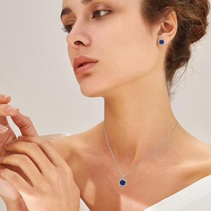 Cubic Zirconia Necklace and Earrings Set for Women 14K White Gold Plated Bridesmaid Silver Jewelry Set for Women Pendant Necklace Hypoallergenic Stud Earrings Set Jewellery Gift for Mom Wife Bride Bridesmaid - color: Sapphire Blue-Square Shape