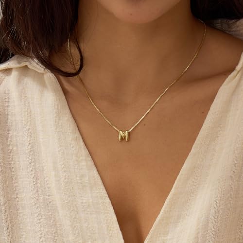 14K Gold Plated Bubble Letter Necklace, Tarnish Free and Waterproof Dainty Initial Necklace for Women, Trendy Personalized Gold Jewelry Gift for Her - color: Gold, style: M