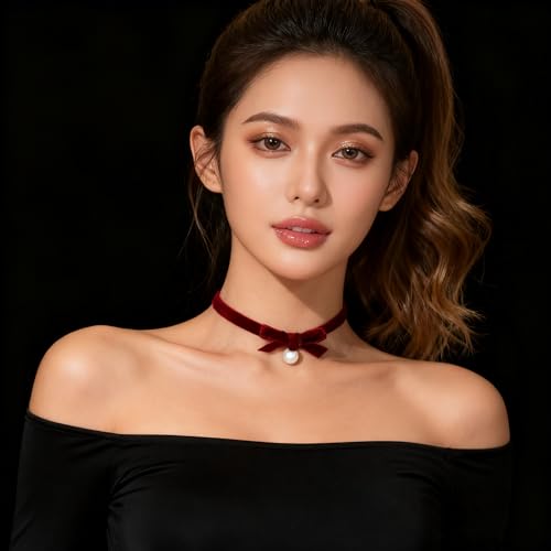 Bow Necklace for Women Red Bow Choker Black Ribbon Necklace Pearl Velvet Lace Necklaces Cute BowKnot Necklaces for Christmas Gifts - color: red C