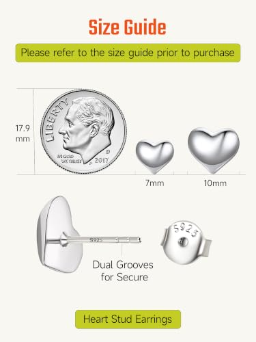 JustBeingCute Heart Stud Earrings 14K Gold Plated 925 Sterling Silver Posts | Dainty Simple Heart Earrings for Women hypoallergenic Chunky Puffy Studs Lightweight with Gift Box（7/10mm） - color: 7mm Silver Stud
