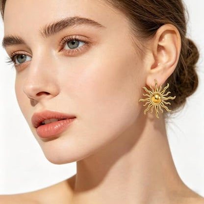 Gold Statement Earrings For Women, 14K Gold Plated Textured Geometric Drop Earrings - Hypoallergenic Stainless Steel Statement Earrings for Women, Waterproof Fan-Shaped Dangle Earrings for Beach & Daily Wear - color: Sunburst DKE252088GL
