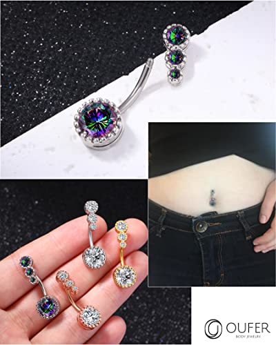 OUFER 316L Surgical Steel Belly Button Rings, Clear CZ Navel Rings, Belly Piercing Jewelry - color: Silver Bar, Rainbow CZ