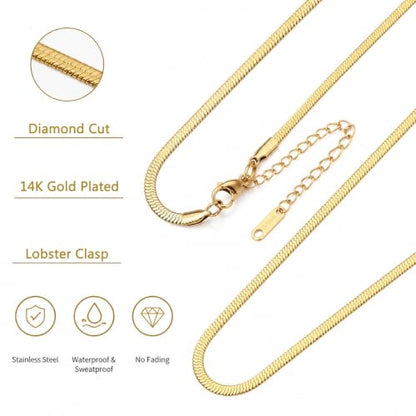 Birthstone Gold Collar Necklace, 14K Gold Herringbone Choker Necklace, Snake Chain Necklace for Women