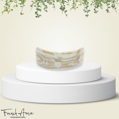 French Amie Broad Curved Oblong Ivory Cream Extra Wide Large Cellulose Acetate Automatic Volume Hair Clip Barrette with Golden Clasp for Women and Girls